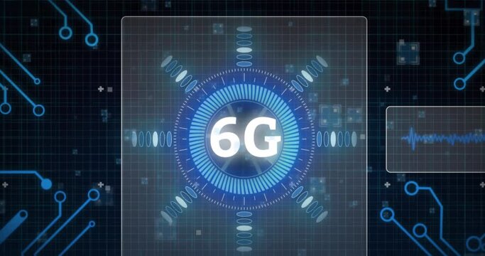 Animation of 6g text banner over spinning round scanner and microprocessor connections