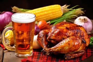 pale ale beside grilled corn and bbq chicken