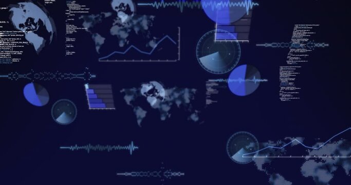 Animation of spinning globe, world map and data processing against blue background