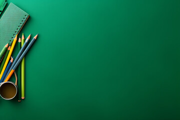 Back to school, school supplies green background
