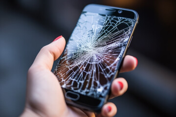 Close up of person holding a broken mobile phone. Smartphone concept of falling and broken.