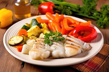 a grilled fish fillet served beside mixed vegetables