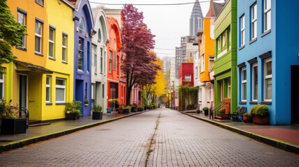 A city street with colorful urban architecture - obrazy, fototapety, plakaty