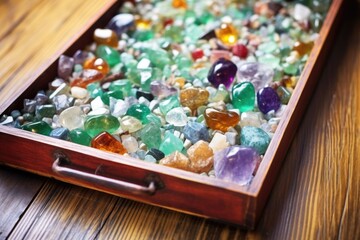 a stone sorting tray containing a variety of raw birthstones - obrazy, fototapety, plakaty