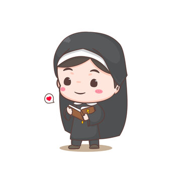 recommend clip art: Cute nun teaching the bible book cartoon character. Christian and catholic religion concept design. Profession illustration. Adorable chibi style vector