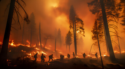 Firefighters battling a raging wildfire in a remote forest fighting the consequences of climate change and heat - obrazy, fototapety, plakaty