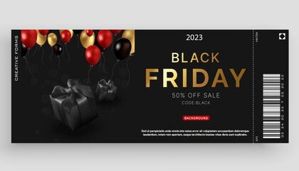 Black friday horizontal sale banner with realistic glossy balloons, gift box and discount text on black background. Vector illustration - obrazy, fototapety, plakaty