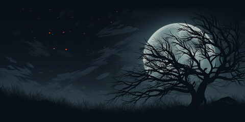 a sleek Halloween background with a stark, white silhouette of a creepy tree against a dark night.