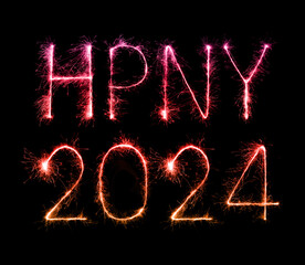 2024 (HPNY) happy new year fireworks celebration written sparkling at night...