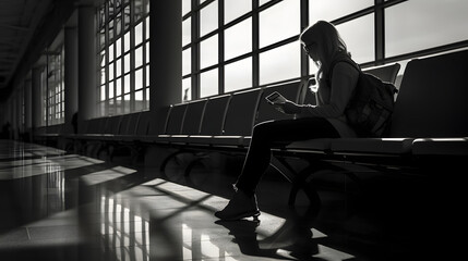 Traveler reading a book while waiting at an empty airport gate in black and white