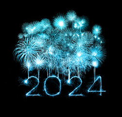 2024 happy new year fireworks celebration written sparkling at night