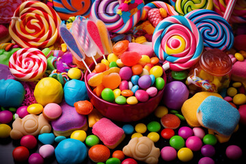 Fototapeta na wymiar A candy-filled Halloween background with overflowing treat bags, colorful lollipops, and a rainbow of sweets scattered around.