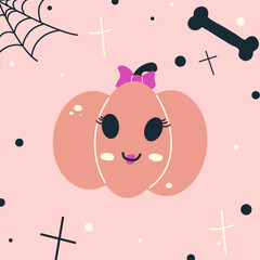 Halloween lady pumpkin face - pink bow, pink lips, lady Jack o lantern, autumn holidays banner. Jack o lantern icon emotion. Vector illustration.