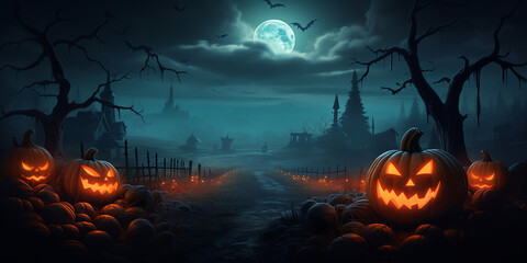 Fototapeta na wymiar Create a banner background featuring a pumpkin patch in a misty, moonlit night.