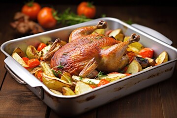 roast duck presented on bed of roasted vegetables