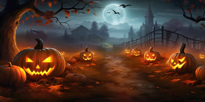 Create a banner showcasing a field of glowing jack-o'-lanterns in the moonlight.