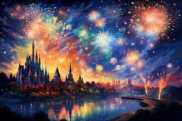 Fototapeta na wymiar Imagine a Halloween night sky ablaze with a spectacular display of fireworks in a rainbow of colors, painting the town in a vivid glow.