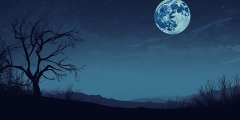Fototapeta na wymiar minimalist Halloween background with a single, elegant, full moon against a midnight sky.
