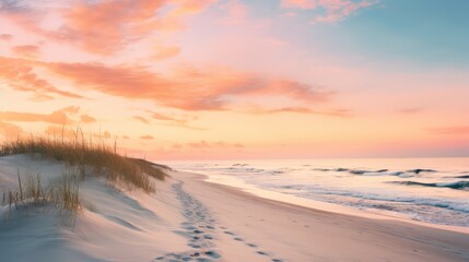 Fototapeta na wymiar A beach at sunrise with pastel-colored skies