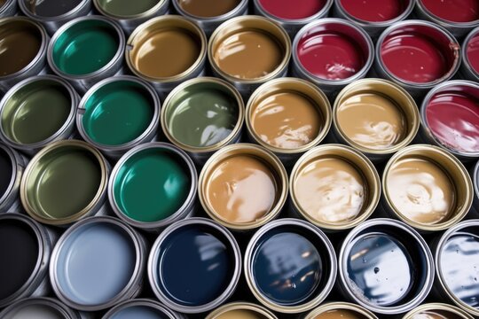 high angle shot of an array of different metallic paint cans