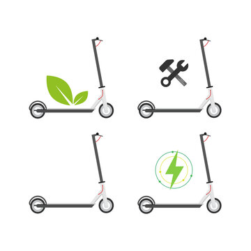 gray green scooter or balance bike with lightning icon. Flat push scooter isolated on white. Vector illustration of charge. Eco transport symbol. Have a healthy trip. Ecology. Vector illustration