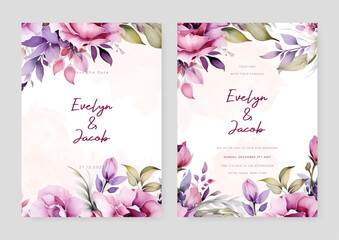 Pink and purple violet peony modern wedding invitation template with floral and flower