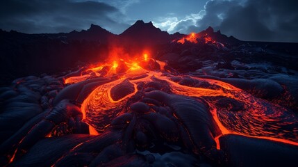 Glowing lava flows in a volcanic eruption at night - obrazy, fototapety, plakaty