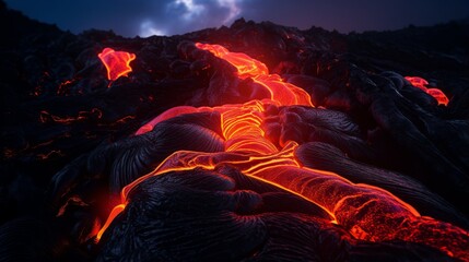 Glowing lava flowing down the slopes of a volcano