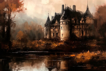 Old castle impressionist painting. Dark academia aesthetic landscape with castle, lac and forest. Orange, beige and brown neutral tones art background. Fall season moody atmosphere wallpaper.