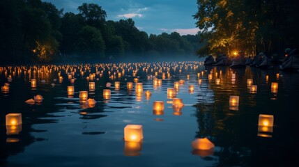 Glowing lanterns floating on a calm river - obrazy, fototapety, plakaty