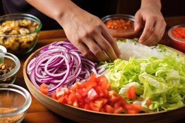 hand arranging onions on the top of a taco salad