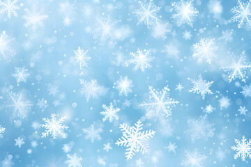 Naklejka na ściany i meble Winterlicher blauer Hintergrund mit Schneeflocken und Eiskristallen, erstellt mit generativer KI