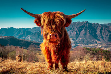 Highland cattle at pasture in mountain Hairy coo sustainable breeding for slaughter, Sustainability - 666946424