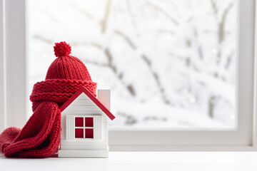 House dressed in red scarf and hat on windowsill in winter.. Concept of heating system and cold snowy weather. Copy space