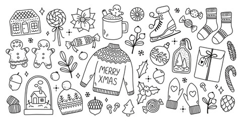 Doodle new year cute pen line elements set. Doodle sweater, hat, cookie, sparkle decoration symbol set icon.