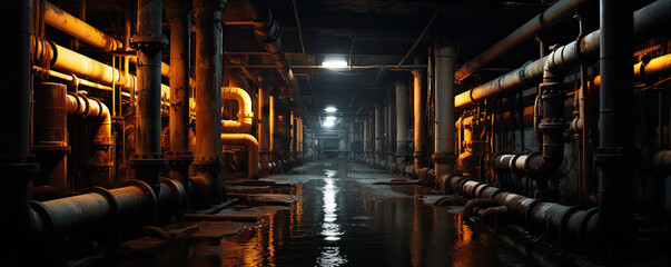 Underground sewer system pipes and dark water. - obrazy, fototapety, plakaty