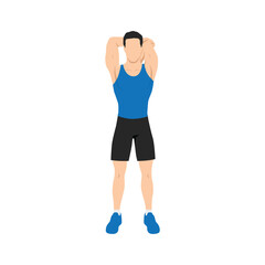 Man doing Overhead triceps stretch exercise. Flat vector illustration isolated on white background
