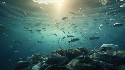 Fototapeta na wymiar Fish and Waste in the Ocean 