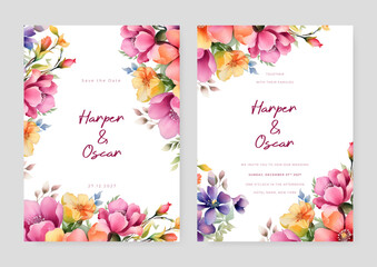 Colorful colourful cosmos luxury wedding invitation with golden line art flower and botanical leaves, shapes, watercolor