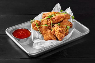 Crispy chicken wings fried in batter with sweet chili sauce on metal tray