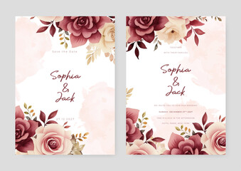 Beige and red rose set of wedding invitation template with shapes and flower floral border