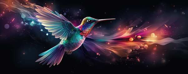 Hummingbird fly on black background. Colibri bird in vivid colors - obrazy, fototapety, plakaty