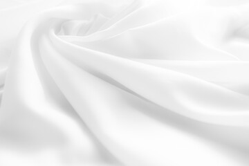 Naklejka premium White Cloth Fabric Silk Texture Sheet Wave Luxury Drape Ripple Satin Soft Material Silky Abstract Mesh Pattern Fashion Fold Pure Wrinkle Canvas Template Shadow Drape Gradient Textile Banner Material.