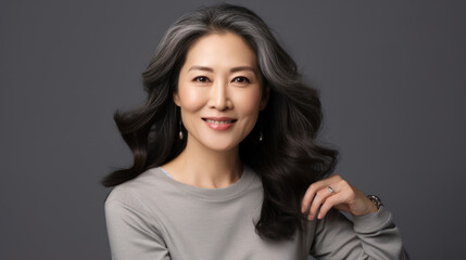 Beautiful aging mature asian woman with long gray hair and happy smiling. AI Generative - obrazy, fototapety, plakaty