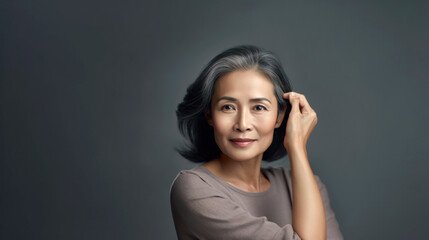 Fototapeta na wymiar Beautiful aging mature asian woman with long gray hair and happy smiling. AI Generative