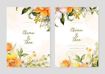 Yellow and white rose wedding invitation card template with flower and floral watercolor texture vector