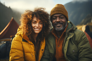 Portrait of happy multiethnic couple in the mountains against the backdrop of a tent camp. Young international family is engaged in a mountain hiking. Active lifestyle, tourism and vacation concept.