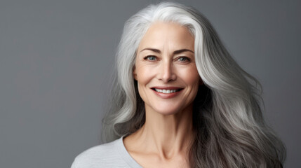 Fototapeta premium Beautiful smiling mature woman with short gray hair, on a light background. AI generation