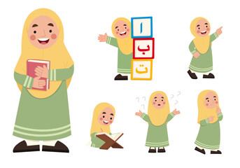 set of Little Muslim Girl character poses collection illustration children's day vector eps