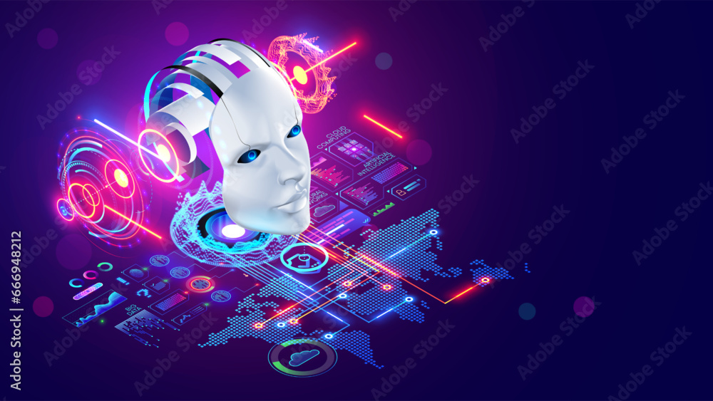 Poster AI technology concept. Robot or chat bot head hanging over digital map of world. Artificial intelligence communication with different places on globe for business. Cyborg face analysis global data.